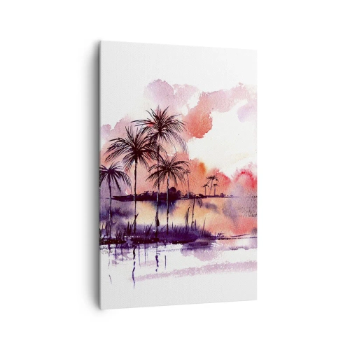 Quadro su tela - Stampe su Tela - Paesaggio tropicale con palme al tramonto in acquerello - 80x120cm - Pace dei tropici in rosso - Decorazione murale moderna per soggiorno e camera da letto ARTTOR