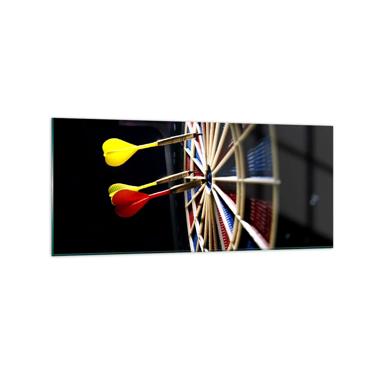 Quadro su vetro - Un bersaglio con freccette colpite su uno sfondo nero - 120x50cm - Dritto al centro - Decorazione murale moderna per soggiorno e camera da letto ARTTOR