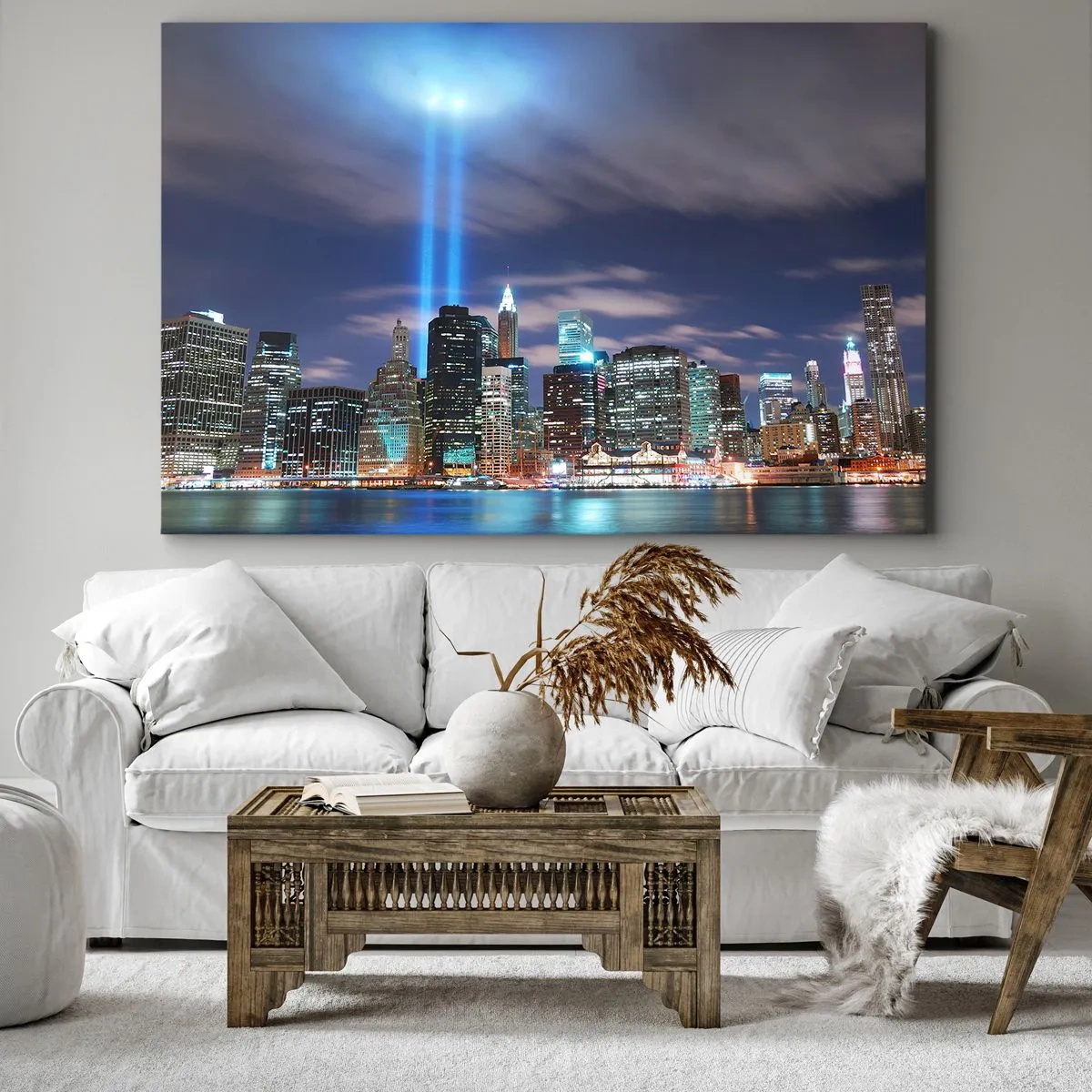 Quadro su tela - Stampe su Tela - Panorama notturno della città con due fasci di luce luminosi nel cielo - 100x70cm - Toccare il cielo con la luce - Decorazione murale moderna per soggiorno e camera da letto ARTTOR
