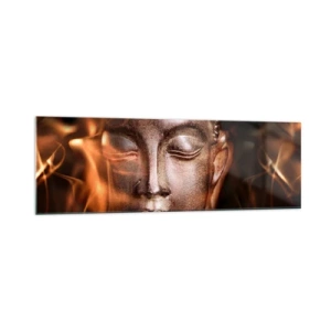 Quadro su vetro - Una statua del Buddha tra fiamme dai riflessi dorati - 160x50cm - Esiste solo qui e ora - Decorazione murale moderna per soggiorno e camera da letto ARTTOR