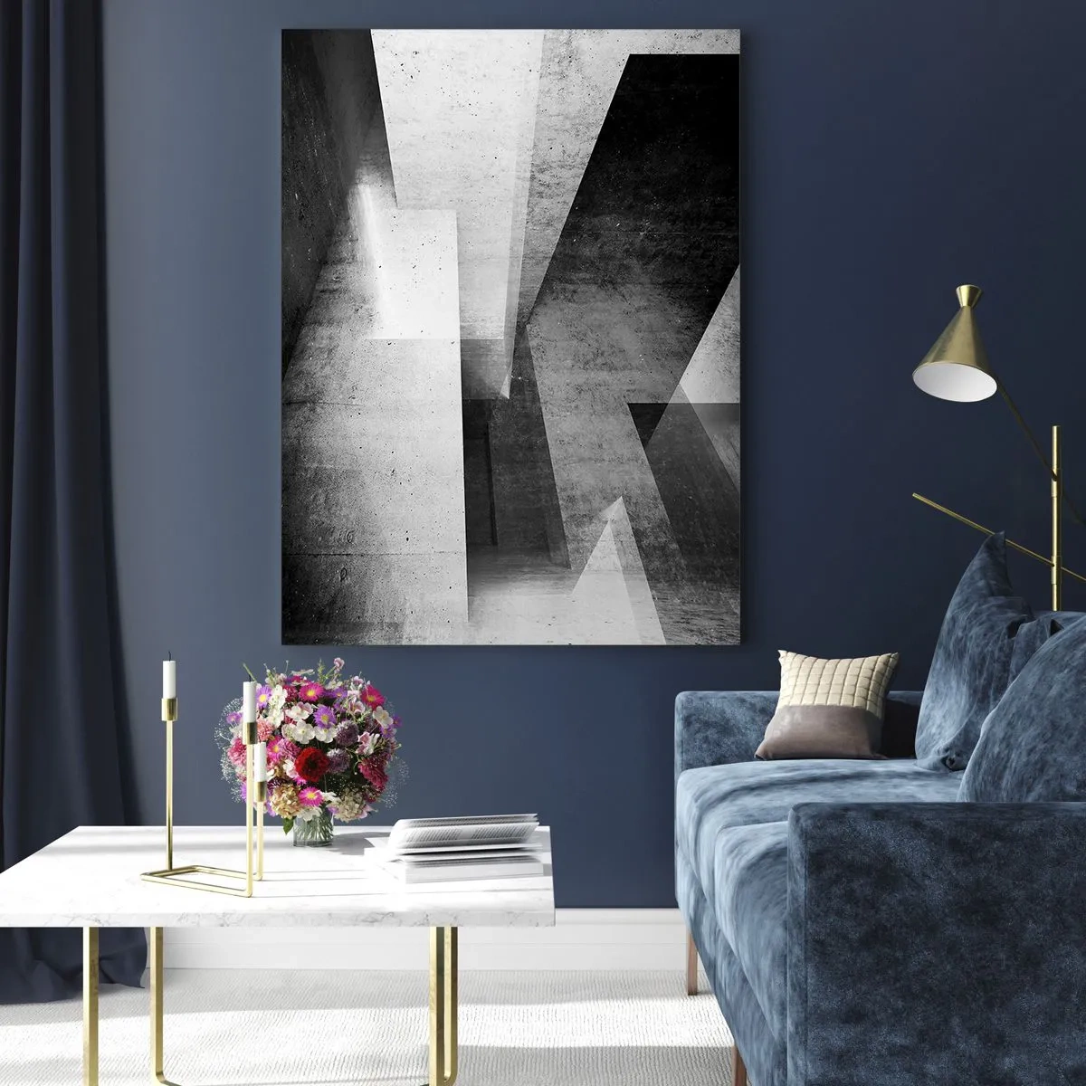 Quadro su vetro - Forme geometriche in cemento nei toni del bianco e del nero - 50x70cm - La struttura dello spazio - Decorazione murale moderna per soggiorno e camera da letto ARTTOR