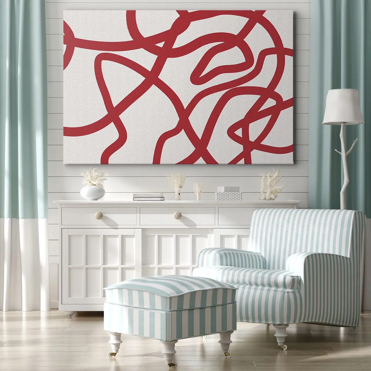 Quadro su tela - Stampe su Tela - Linee astratte rosse su sfondo bianco - 70x50cm - Rosso su bianco - Decorazione murale moderna per soggiorno e camera da letto ARTTOR