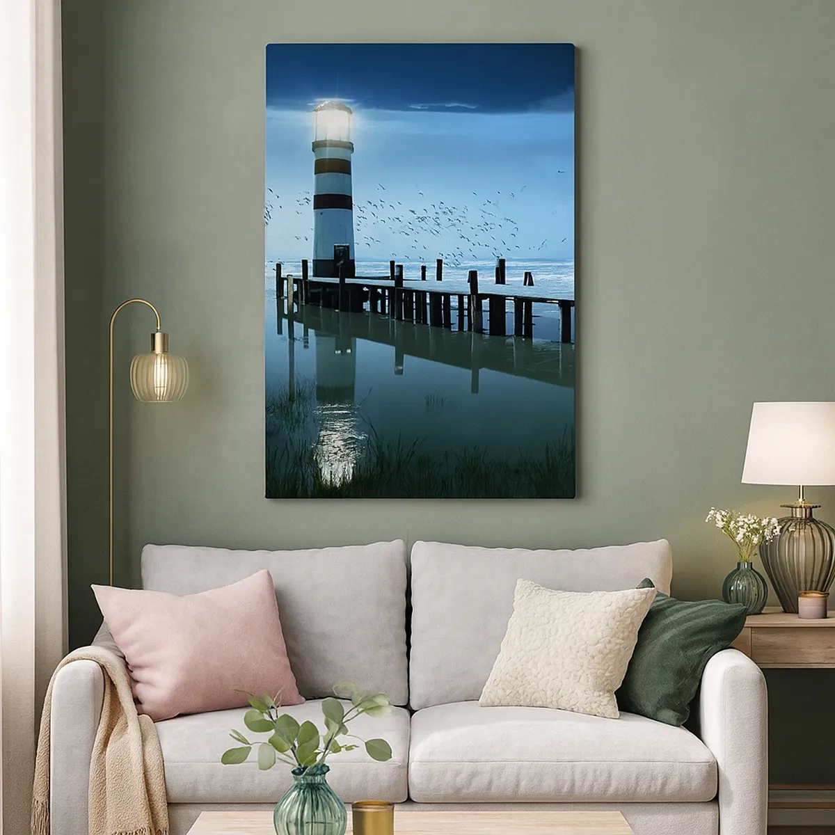 Quadro su tela - Stampe su Tela - Il faro sul molo illuminato di notte - 50x70cm - E passa la paura del buio - Decorazione murale moderna per soggiorno e camera da letto ARTTOR