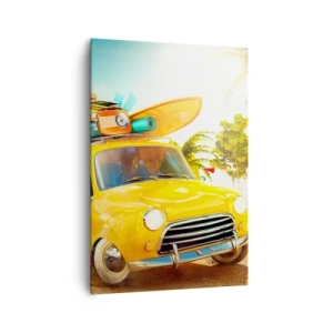 Quadro su tela - Stampe su Tela - Un'auto gialla con bagagli sullo sfondo di un paesaggio tropicale - 70x100cm - Viaggio nel paese dei sorrisi - Decorazione murale moderna per soggiorno e camera da letto ARTTOR