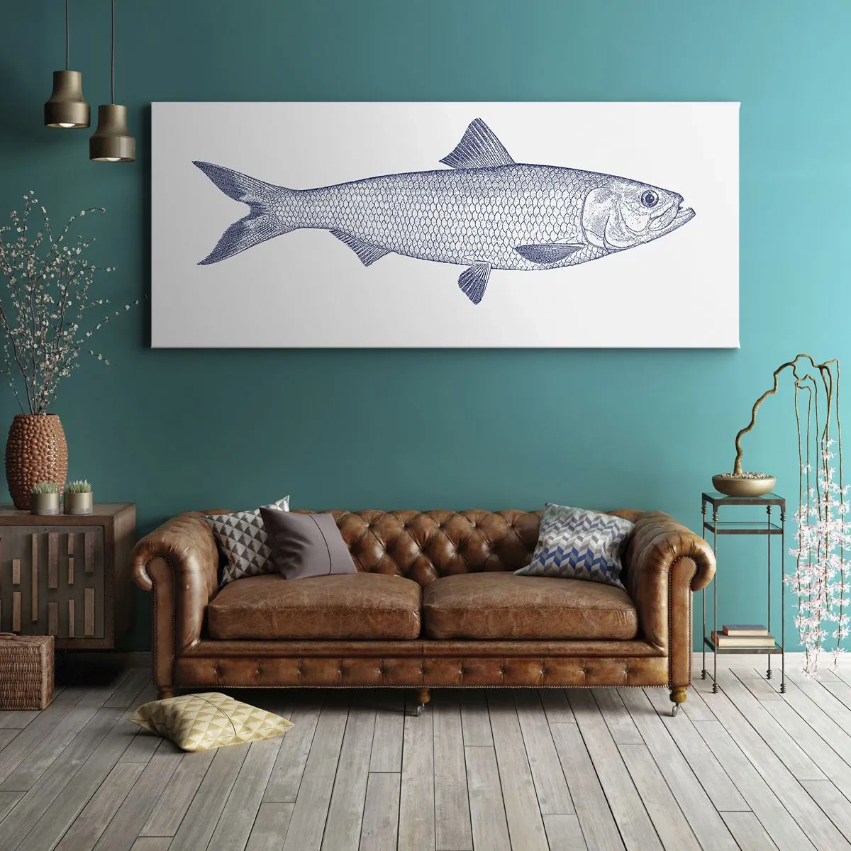 Quadro su tela - Stampe su Tela - Illustrazione di un pesce nei toni del blu su uno sfondo chiaro - 160x50cm - Un saluto dai mari del nord - Decorazione murale moderna per soggiorno e camera da letto ARTTOR