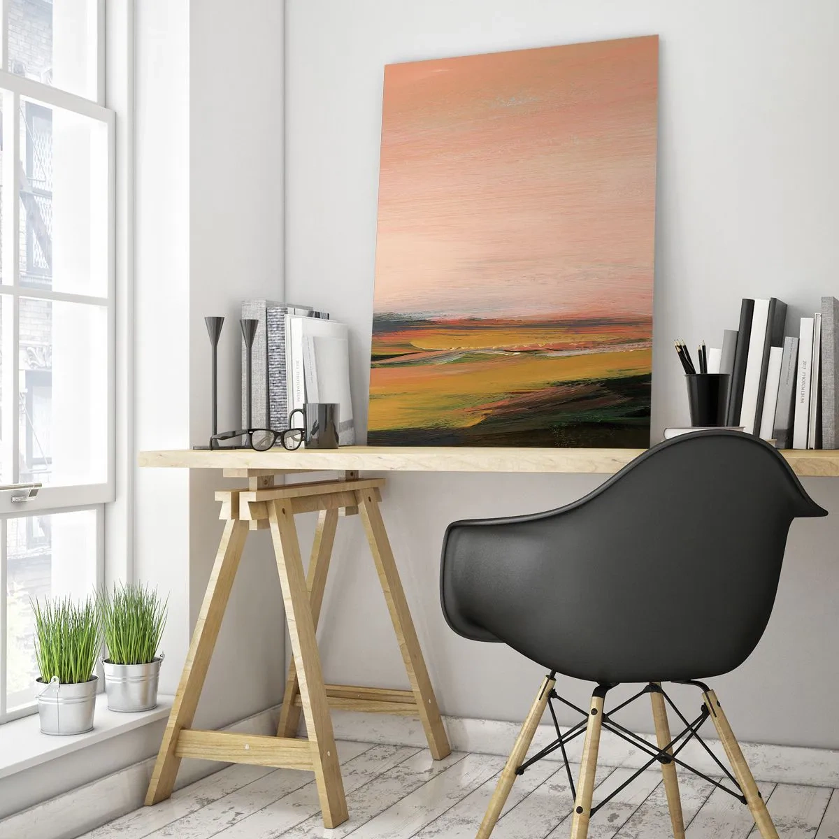 Quadro su vetro - Un paesaggio nei toni del rosa e dell'oro - 80x120cm - In tonalità di rosa - Decorazione murale moderna per soggiorno e camera da letto ARTTOR