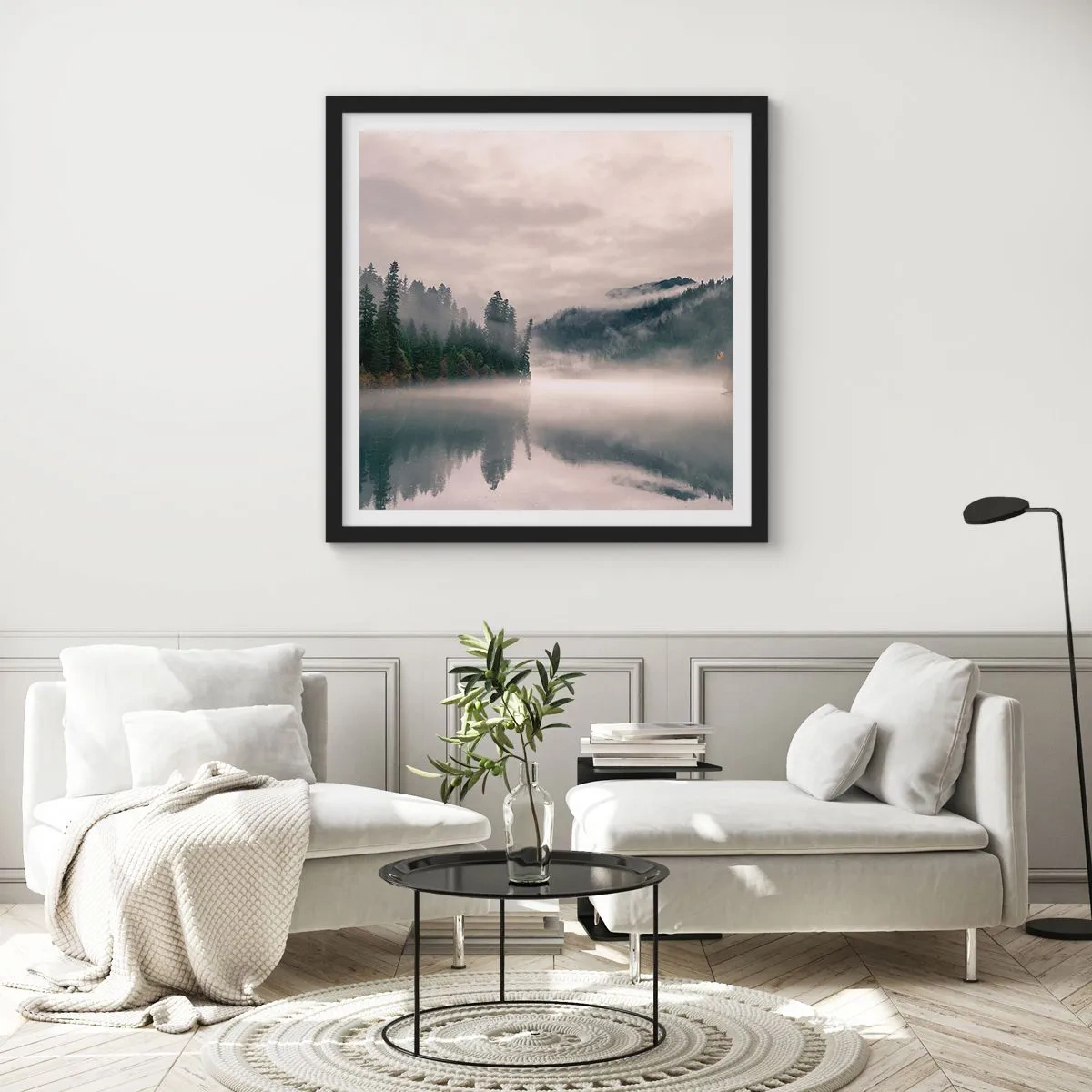 Poster in cornice nera - Riflettendo nella nebbia - 60x60 cm