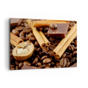 Quadro su tela - Stampe su Tela - Chicchi di caffè con bastoncini di cannella, cioccolato e noci. - 100x70cm - Concerto di sapori - Decorazione murale moderna per soggiorno e camera da letto ARTTOR