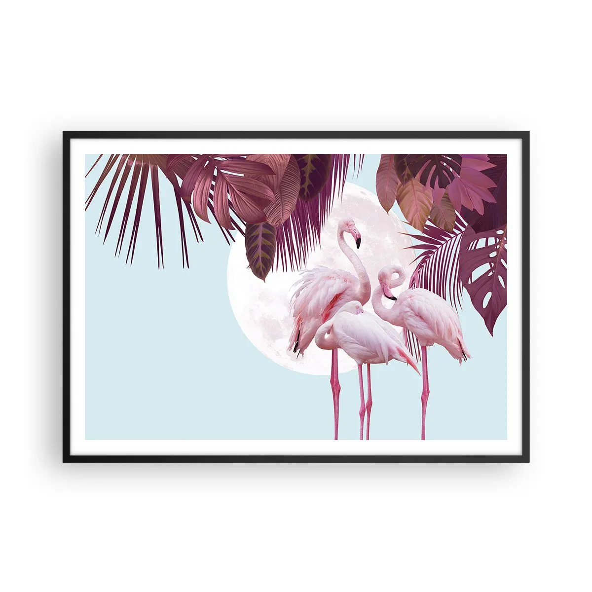 Poster in cornice nera - Fenicotteri rosa sullo sfondo della luna e delle foglie tropicali - 100x70cm - Tre grazie alate - Decorazione murale moderna per soggiorno e camera da letto ARTTOR
