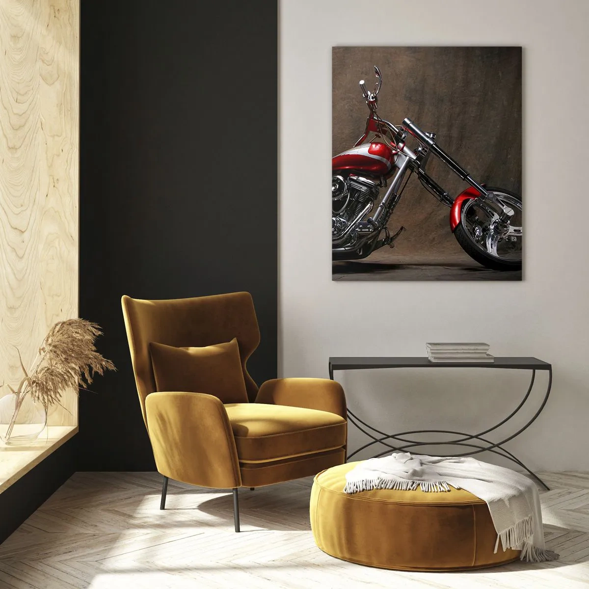 Quadro su vetro - Motocicletta personalizzata rossa su sfondo in tessuto marrone - 80x120cm - Bellezza in rosso e argento - Decorazione murale moderna per soggiorno e camera da letto ARTTOR