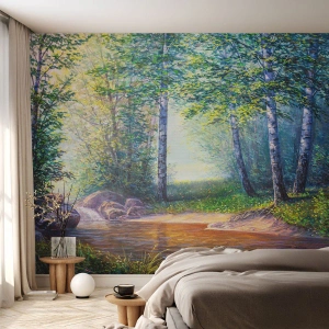 Fotomurali Premium Sand - Un pittoresco paesaggio forestale con un fiume e betulle - 100x70cm - Scena di beatitudine - Decorazione murale moderna per soggiorno e camera da letto ARTTOR