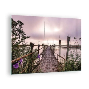 Quadro su vetro - Un ponte di bambù che attraversa il lago, circondato da piante e fiori - 70x50cm - Pace e silenzio dell'Asia - Decorazione murale moderna per soggiorno e camera da letto ARTTOR