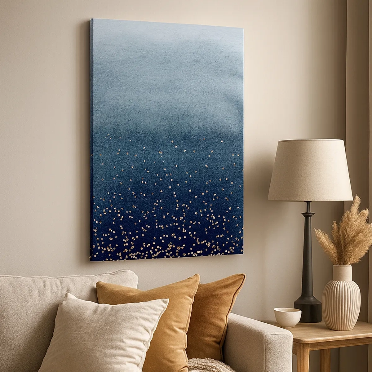 Quadro su tela - Stampe su Tela - Sfumature blu con sottili accenti dorati - 50x70cm - Composizione: fasi blu - Decorazione murale moderna per soggiorno e camera da letto ARTTOR