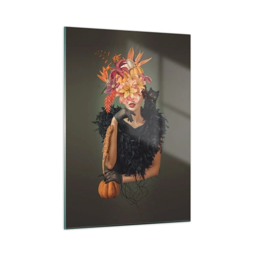 Quadro su vetro - Figura di una donna vestita di nero con una zucca, un gatto e una composizione floreale - 50x70cm - L'incantesimo della strega - Decorazione murale moderna per soggiorno e camera da letto ARTTOR