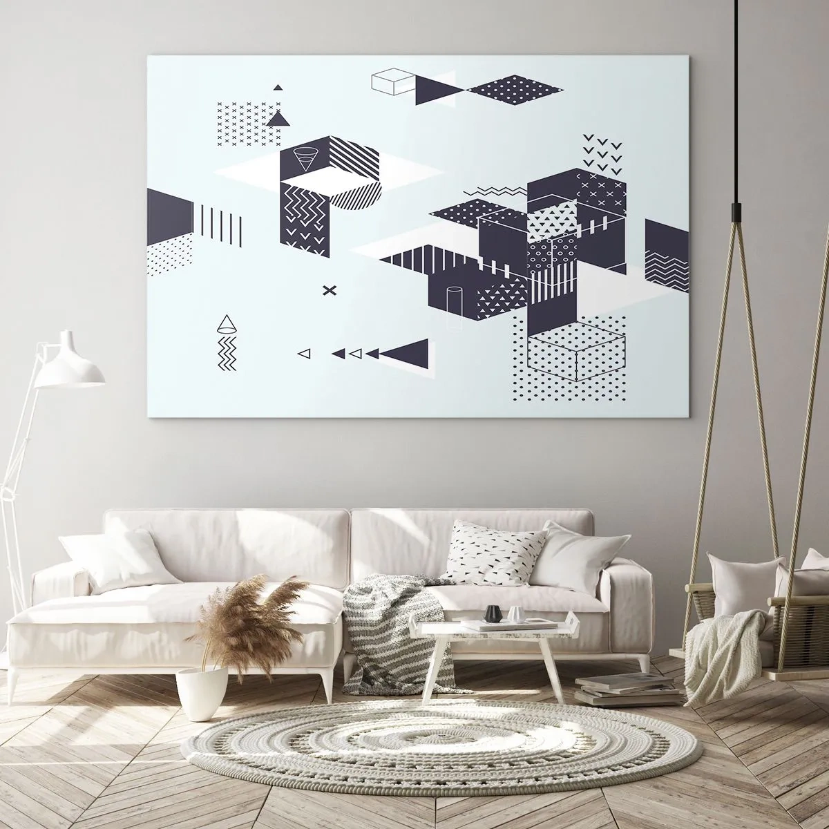Quadro su vetro - Composizione geometrica astratta in bianco e nero su sfondo chiaro - 100x70cm - La matematica nell'anima - Decorazione murale moderna per soggiorno e camera da letto ARTTOR
