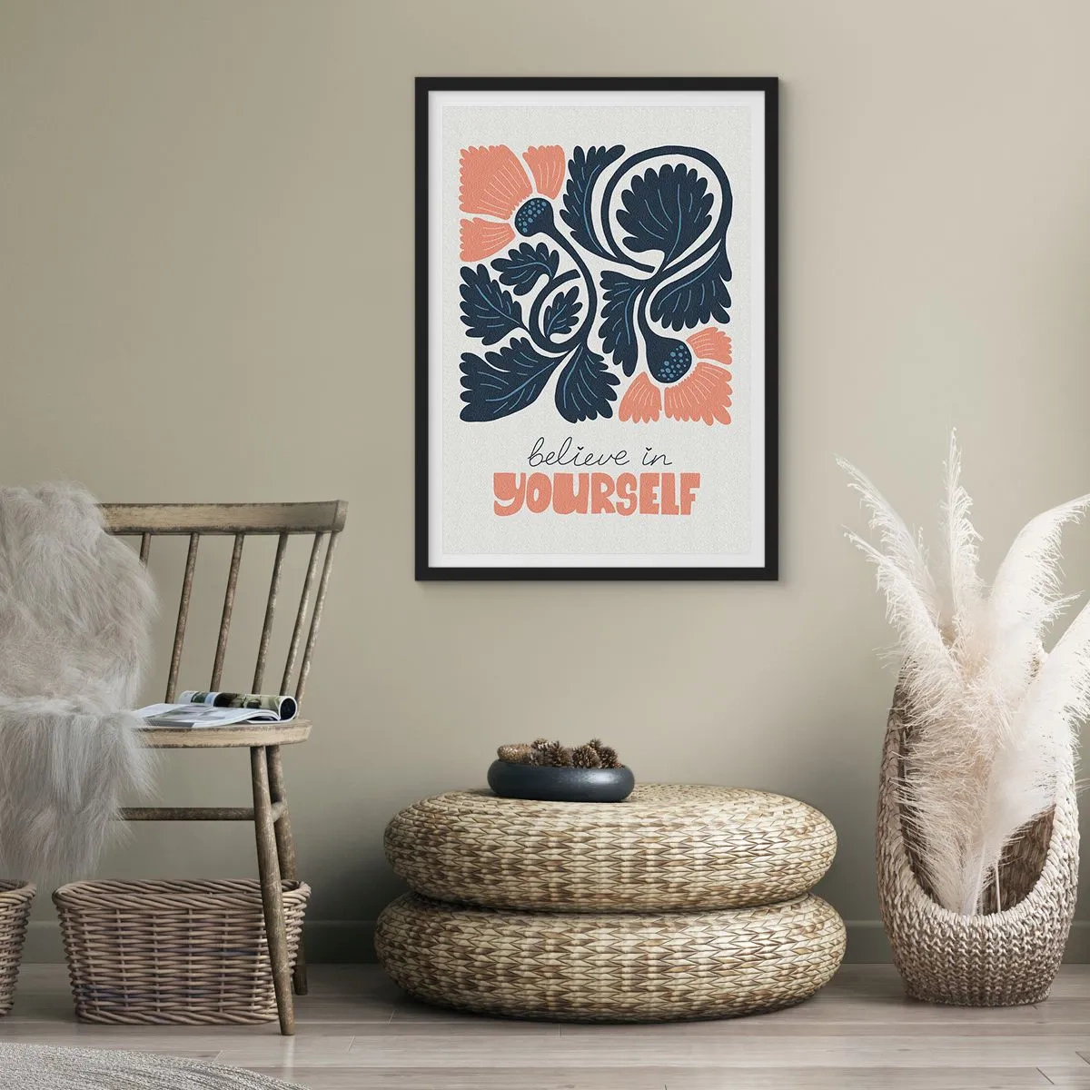 Poster in cornice nera - Fiori stilizzati in blu navy e rosa con un'iscrizione stimolante - 50x70cm - E qui fiorisci - Decorazione murale moderna per soggiorno e camera da letto ARTTOR