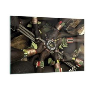 Quadro su vetro - Mani con braccialetti che tengono un vaso in un gesto rituale - 120x80cm - Siamo insieme - Decorazione murale moderna per soggiorno e camera da letto ARTTOR