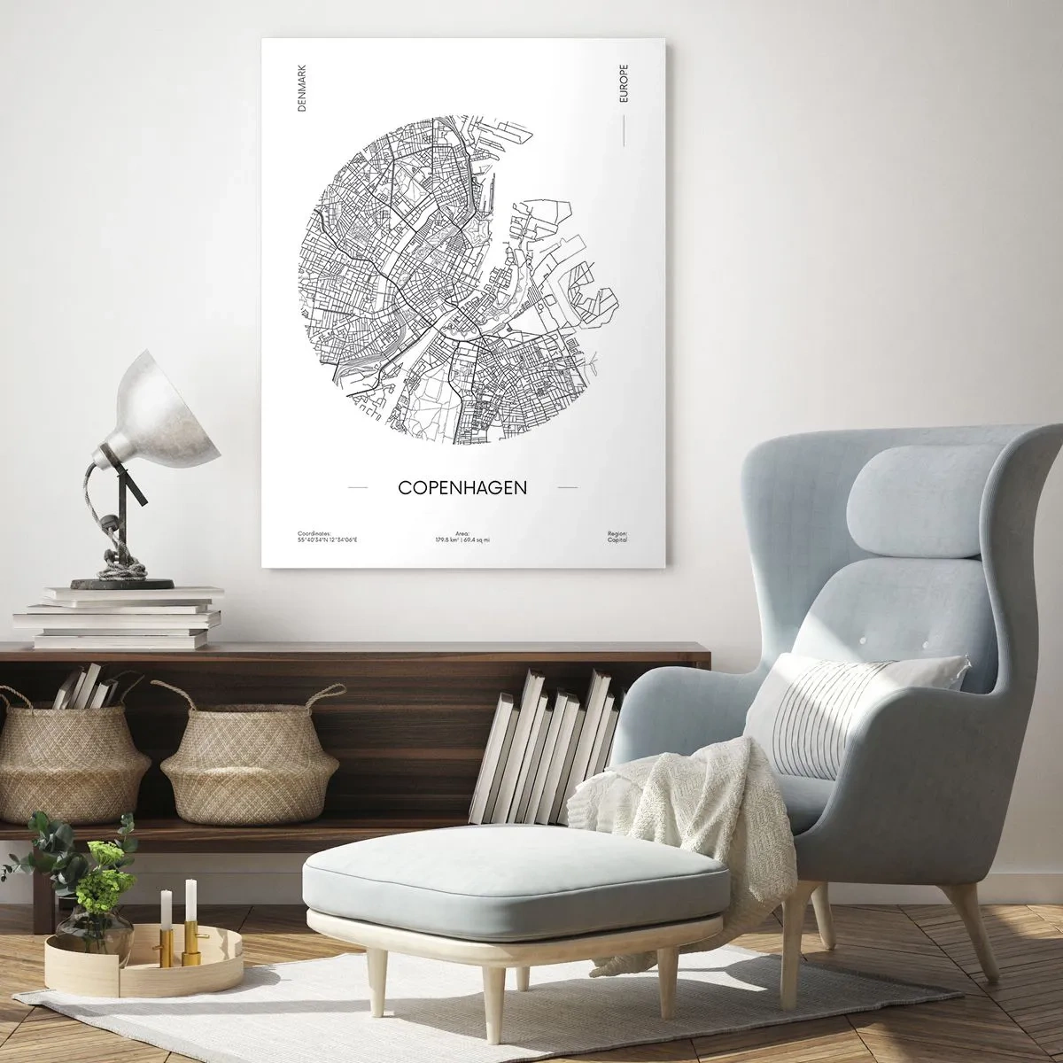 Quadro su vetro - Una mappa di Copenaghen sotto forma di schizzo grafico di una strada - 50x70cm - Anatomia di Copenaghen - Decorazione murale moderna per soggiorno e camera da letto ARTTOR