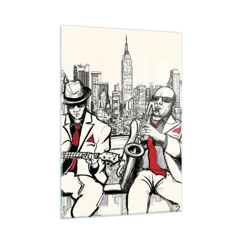 Quadro su vetro - Due musicisti jazz suonano sullo sfondo dello skyline della città - 50x70cm - Improvvisare a New York - Decorazione murale moderna per soggiorno e camera da letto ARTTOR