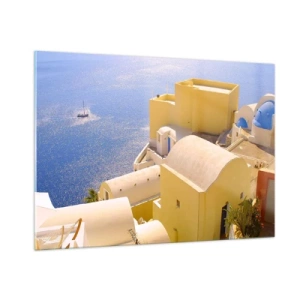 Quadro su vetro - Vista di Santorini con mare blu ed edifici bianchi - 100x70cm - Paesaggio greco in bianco e blu - Decorazione murale moderna per soggiorno e camera da letto ARTTOR