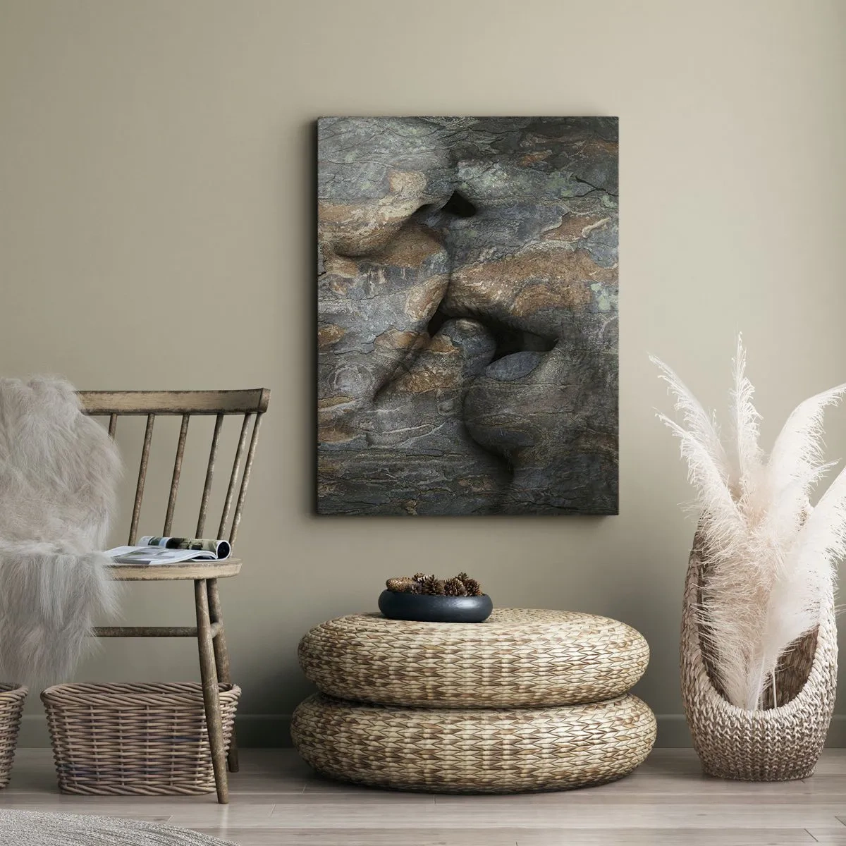 Quadro su tela - Stampe su Tela - Un motivo artistico di un volto scolpito nella roccia con un effetto di texture naturale. - 70x100cm - Insieme per sempre - Decorazione murale moderna per soggiorno e camera da letto ARTTOR