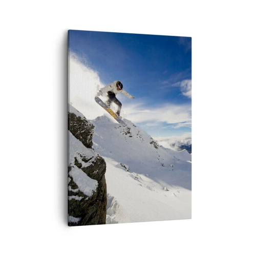 Quadro su tela - Stampe su Tela - Uno snowboarder salta da una scogliera con montagne innevate sullo sfondo. - 50x70cm - Libertà senza confini - Decorazione murale moderna per soggiorno e camera da letto ARTTOR
