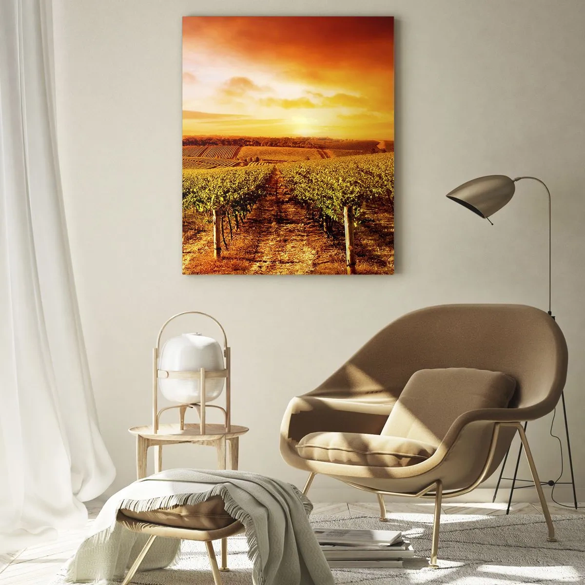 Quadro su vetro - Viti in un campo al tramonto - 50x70cm - Profumo di frutta con una nota di sole - Decorazione murale moderna per soggiorno e camera da letto ARTTOR