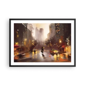Poster in cornice nera - Una scena urbana notturna alla luce dei lampioni e dei riflessi su una strada bagnata. - 70x50cm - Nelle luci di New York - Decorazione murale moderna per soggiorno e camera da letto ARTTOR
