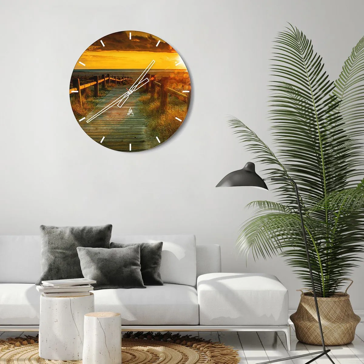 Orologio da parete - Orologio in Vetro - Tramonto sul sentiero in legno - 30x30cm - Immerse nell'oro vecchio - Decorazione murale moderna per soggiorno, cucina e camera da letto ARTTOR