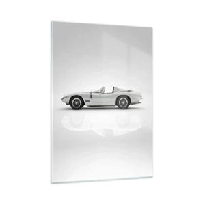 Quadro su vetro - Una classica decappottabile bianca su uno sfondo minimalista con riflessi. - 50x70cm - Promessa di divertimento - Decorazione murale moderna per soggiorno e camera da letto ARTTOR