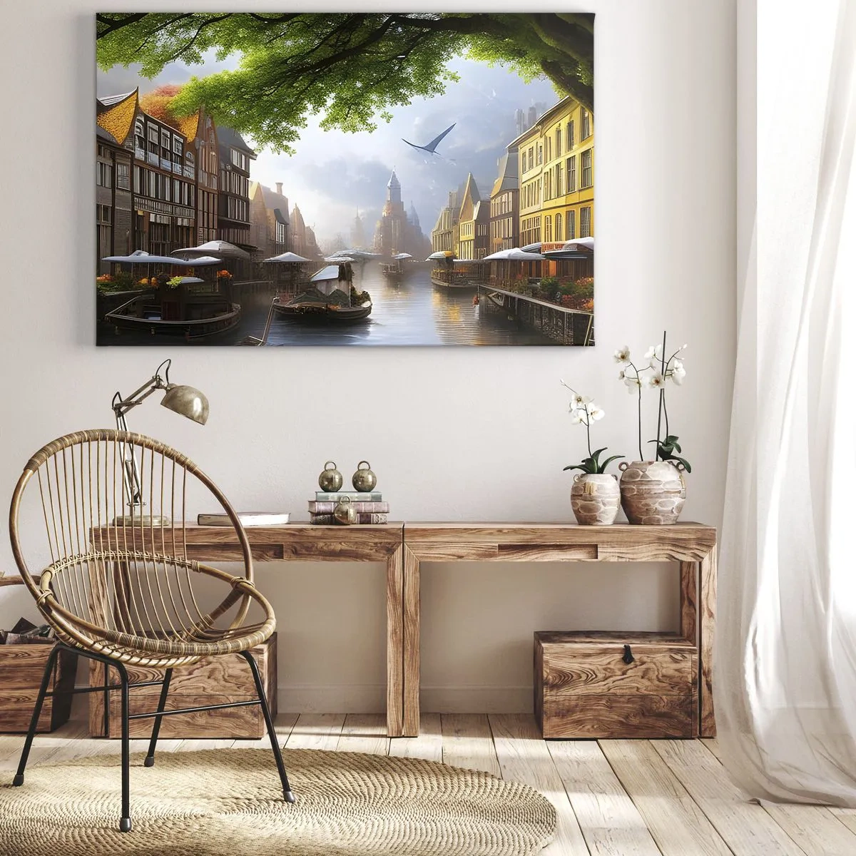 Quadro su tela - Stampe su Tela - Un pittoresco paesaggio olandese con un canale e case popolari - 70x50cm - Paesaggio urbano olandese - Decorazione murale moderna per soggiorno e camera da letto ARTTOR