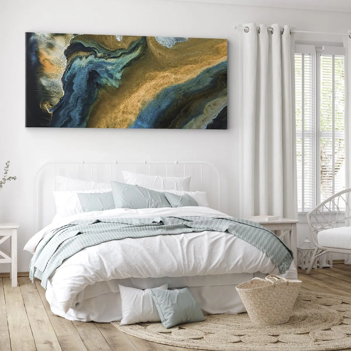 Quadro su tela - Stampe su Tela - Blu-oro: influenza reciproca - 100x40 cm