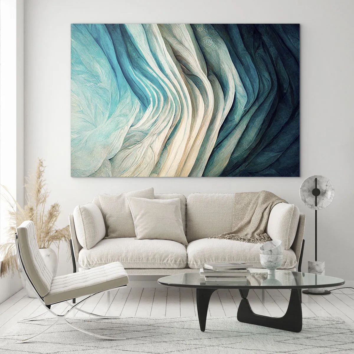 Quadro su vetro - Onde astratte nei toni del blu e del beige - 70x50cm - Blu insaziabile - Decorazione murale moderna per soggiorno e camera da letto ARTTOR