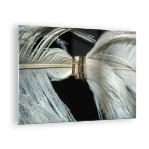 Quadro su vetro - Primo piano di fedi nuziali su piume bianche su sfondo nero - 70x50cm - ...e non ti lascerò... - Decorazione murale moderna per soggiorno e camera da letto ARTTOR