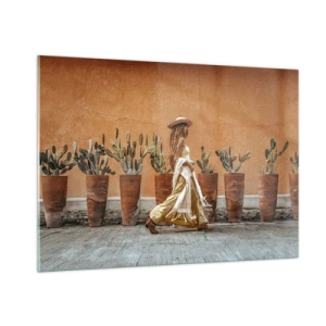Quadro su vetro - Una donna in stile boho che cammina tra vasi di cactus. - 100x70cm - In stile hippy - Decorazione murale moderna per soggiorno e camera da letto ARTTOR