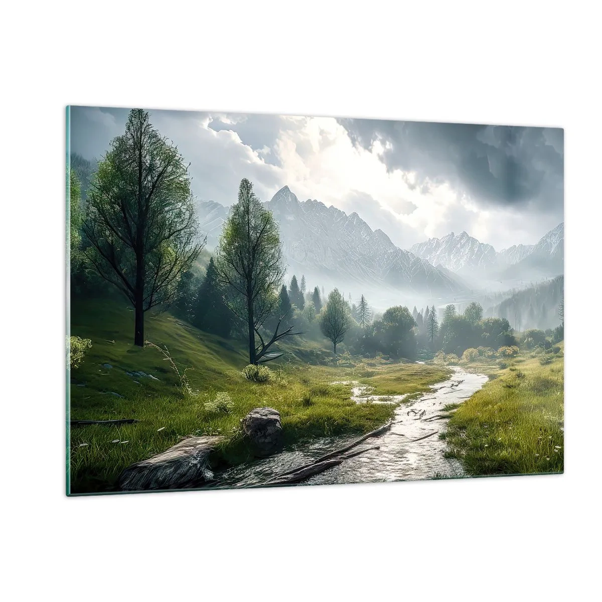 Quadro su vetro - Un paesaggio montano con un ruscello e una valle verde al mattino - 120x80cm - Andata e ritorno - Decorazione murale moderna per soggiorno e camera da letto ARTTOR