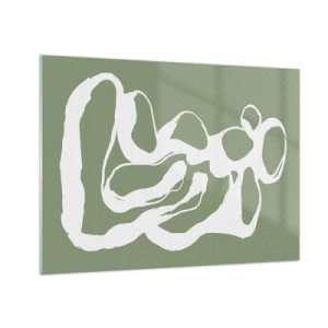 Quadro su vetro - Forma organica bianca astratta su sfondo oliva - 70x50cm - Il richiamo dello spazio - Decorazione murale moderna per soggiorno e camera da letto ARTTOR