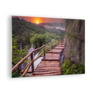 Quadro su vetro - Un sentiero in legno tra il verde al tramonto - 70x50cm - Una bellezza incredibile - Decorazione murale moderna per soggiorno e camera da letto ARTTOR