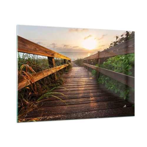 Quadro su vetro - Passerella in legno che conduce alla spiaggia al tramonto - 100x70cm - Dritto verso la riva - Decorazione murale moderna per soggiorno e camera da letto ARTTOR