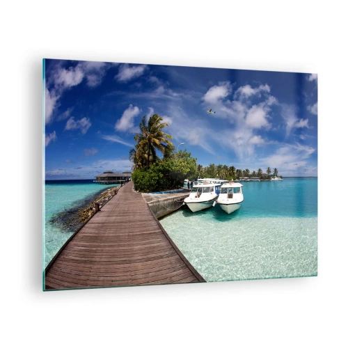 Quadro su vetro - Molo esotico, barche e acqua turchese - 70x50cm - Il paradiso esiste davvero - Decorazione murale moderna per soggiorno e camera da letto ARTTOR