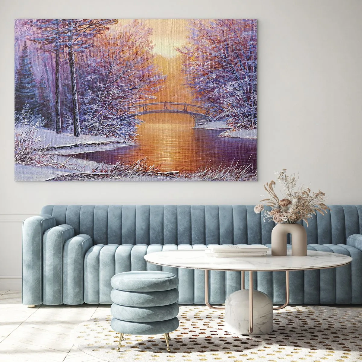 Quadro su vetro - Paesaggio invernale con un ponte e alberi innevati al tramonto - 70x50cm - Incontriamoci qui - Decorazione murale moderna per soggiorno e camera da letto ARTTOR