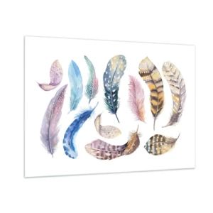 Quadro su vetro - Piume colorate in stile artistico su sfondo bianco - 100x70cm - Leggere, variopinte e multicolori - Decorazione murale moderna per soggiorno e camera da letto ARTTOR