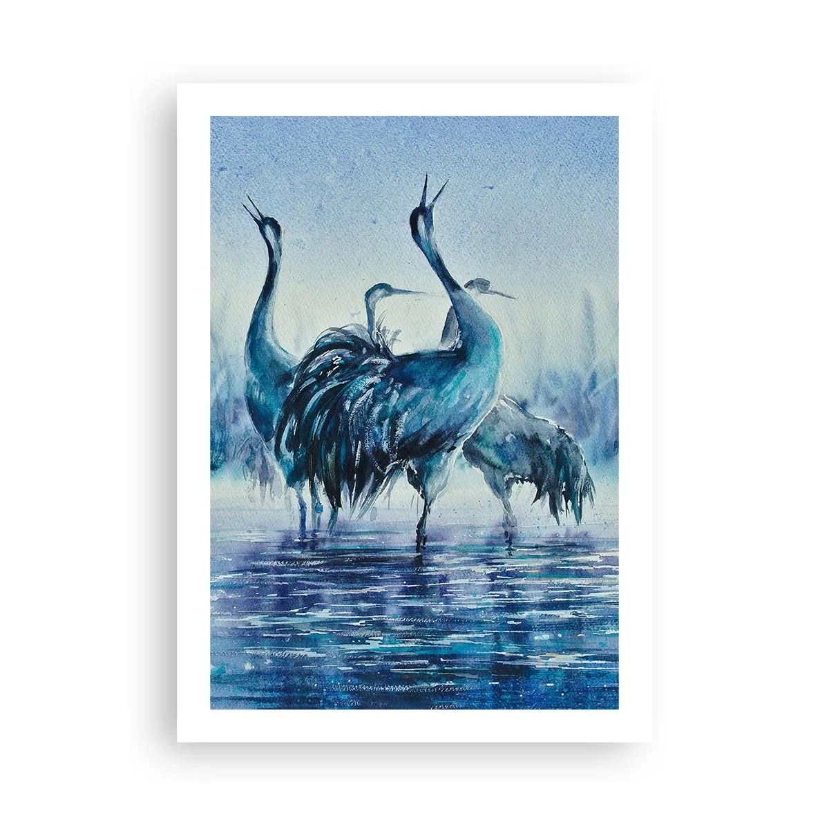 Poster - Un'immagine suggestiva di gru in un paesaggio acquatico blu - 50x70cm - Incontro mattutino - Decorazione murale moderna per soggiorno e camera da letto ARTTOR