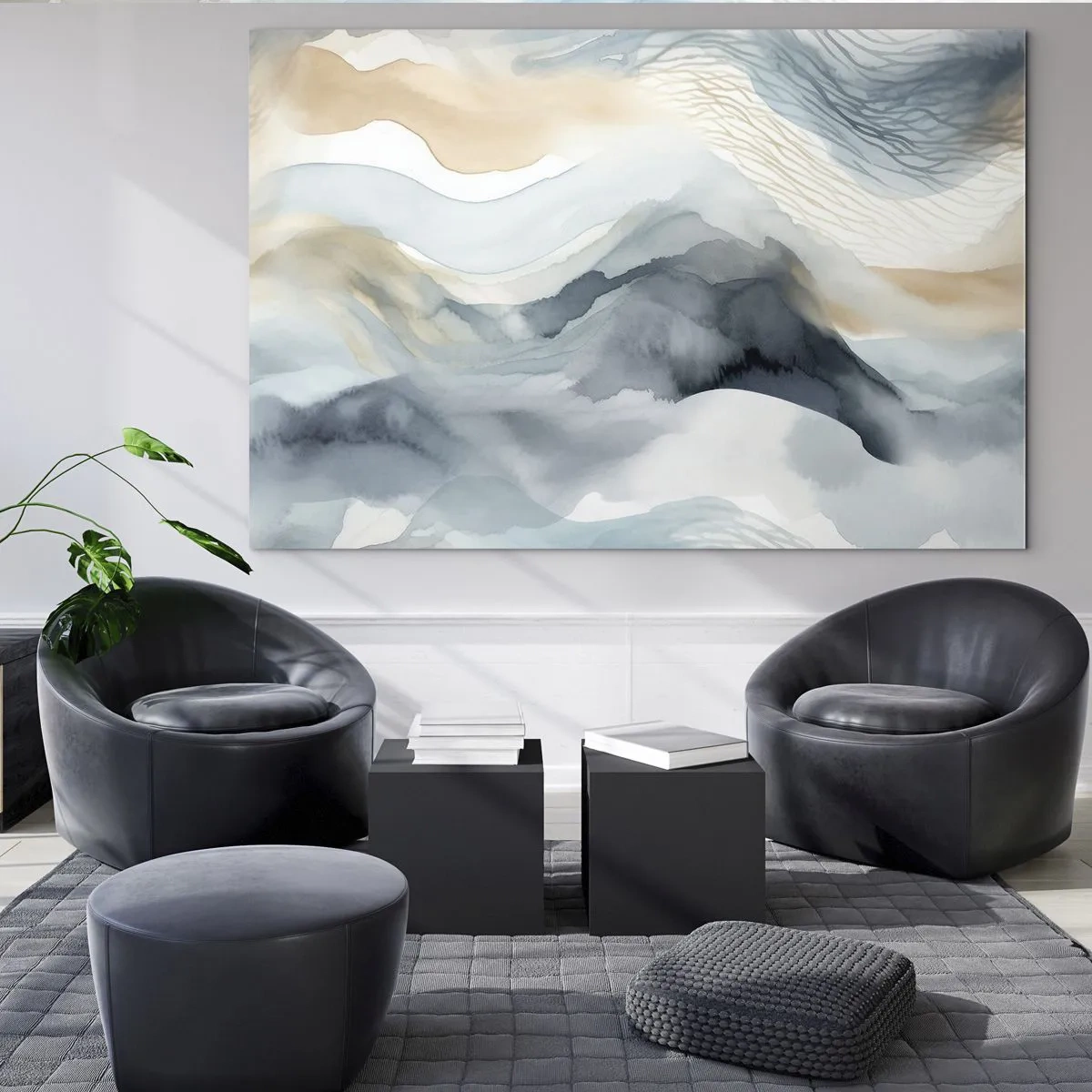 Quadro su vetro - Onde astratte nei toni del beige e del blu - 100x70cm - Astrazione nevosa e nebbiosa - Decorazione murale moderna per soggiorno e camera da letto ARTTOR