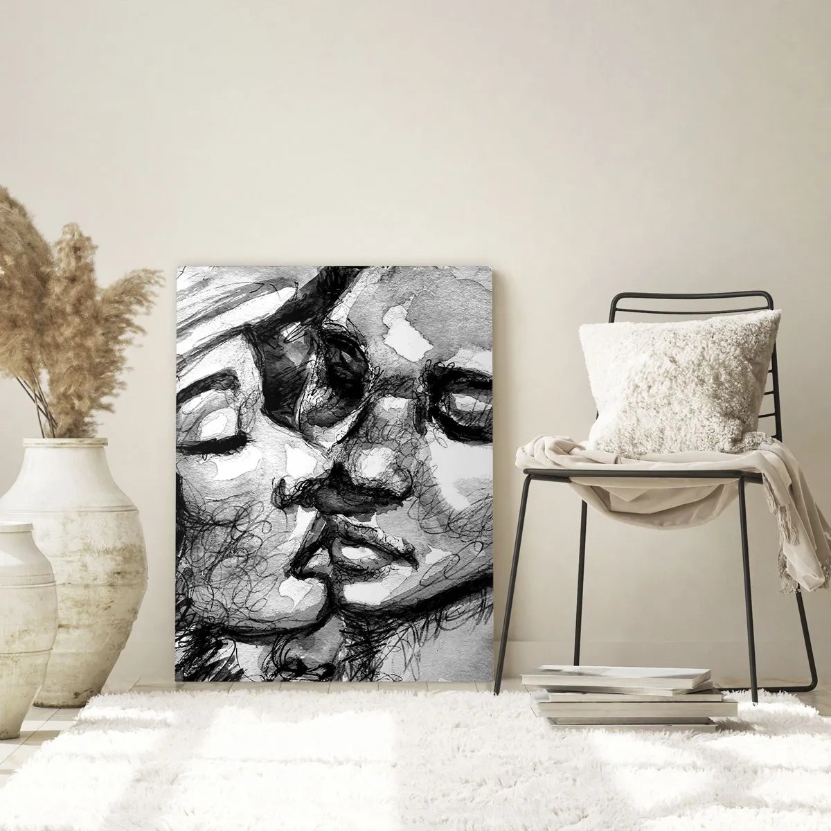 Quadro su vetro - Un acquerello in bianco e nero che raffigura un momento intimo tra due persone. - 80x120cm - Un attimo di tenerezza - Decorazione murale moderna per soggiorno e camera da letto ARTTOR