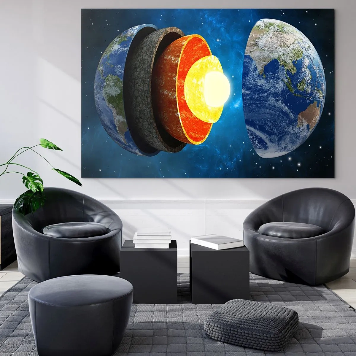 Quadro su vetro - Una sezione trasversale della Terra che mostra i suoi strati sullo sfondo dello spazio. - 100x70cm - Viaggio al centro della terra - Decorazione murale moderna per soggiorno e camera da letto ARTTOR
