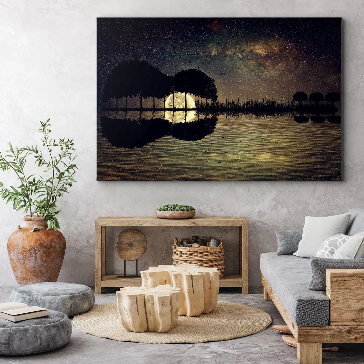 Quadro su tela - Stampe su Tela - Una notte magica con gli alberi e la luna riflessa sull'acqua - 70x50cm - Notte ai confini del mondo - Decorazione murale moderna per soggiorno e camera da letto ARTTOR