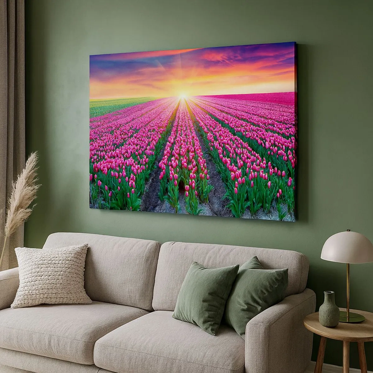 Quadro su tela - Stampe su Tela - Un campo di tulipani al tramonto - 70x50cm - La fattoria della bellezza - Decorazione murale moderna per soggiorno e camera da letto ARTTOR