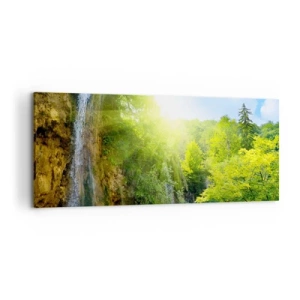 Quadro su tela - Stampe su Tela - Una cascata che sfocia in un lago turchese circondato dal verde - 120x50cm - Così deve essere il paradiso - Decorazione murale moderna per soggiorno e camera da letto ARTTOR