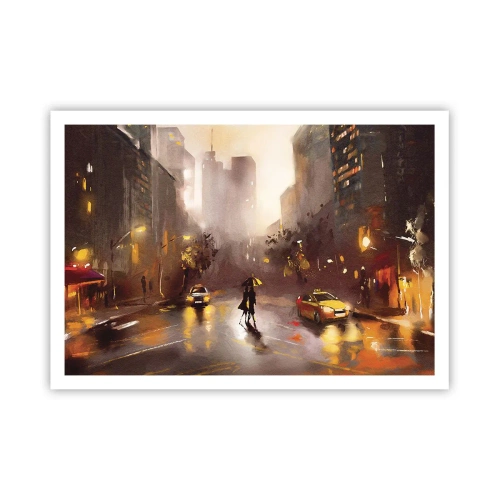 Poster - Una scena urbana notturna alla luce dei lampioni e dei riflessi su una strada bagnata. - 100x70cm - Nelle luci di New York - Decorazione murale moderna per soggiorno e camera da letto ARTTOR